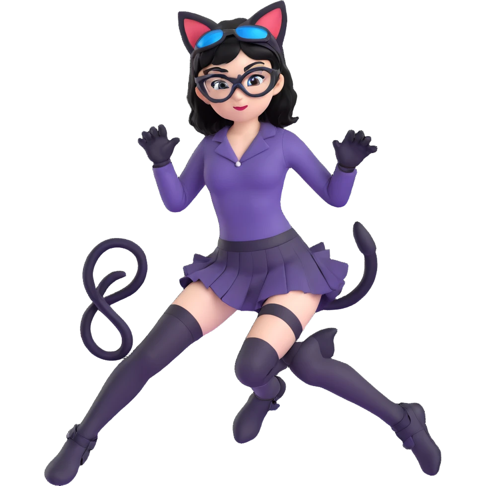 a woman in black clothing and goggles, 1girl, thighhighs, solo, animal ears, cat ears, skirt, black hair, goggles, black skirt, black thighhighs, different pose emoji