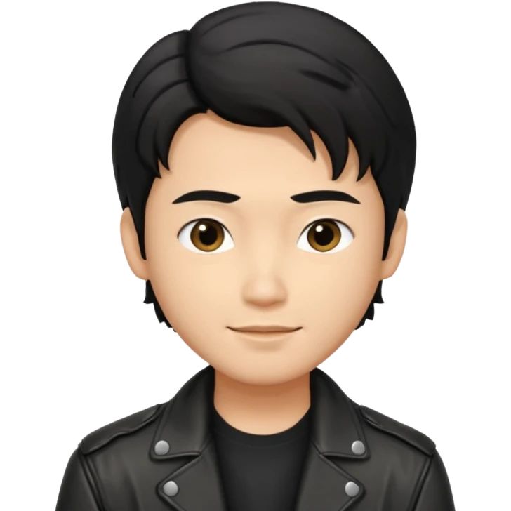 Asian guy wavy hair, dressed cool in black jacket, demure but with a smirk  emoji