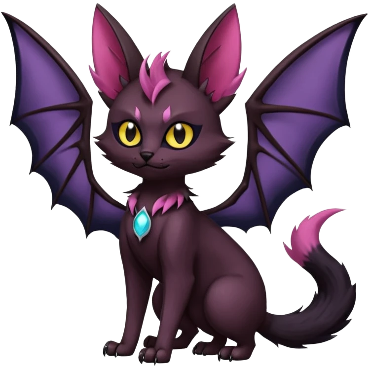 Black edgy Swoobat-Noibat-Purloin-Torracat-Lykoi-Caracal-cat-Fakemon-fusion-hybrid-creature with with tufted ears, tufted tail, bat wings as ears, head wings, ear wings, vampiric, batty emoji