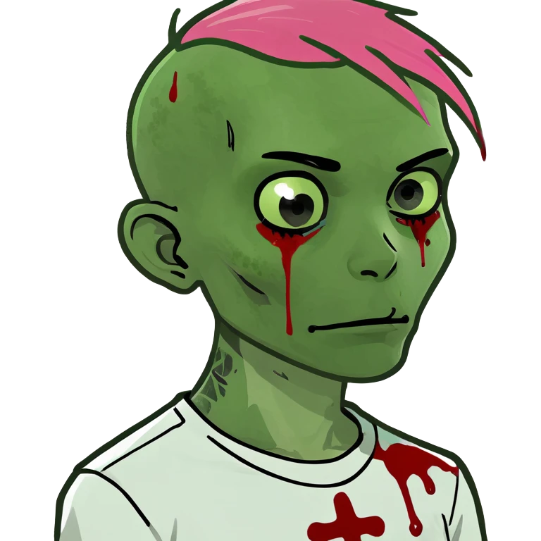 green zombie boy with blood with scratches, pink hair and eyebrows, and a white shirt emoji