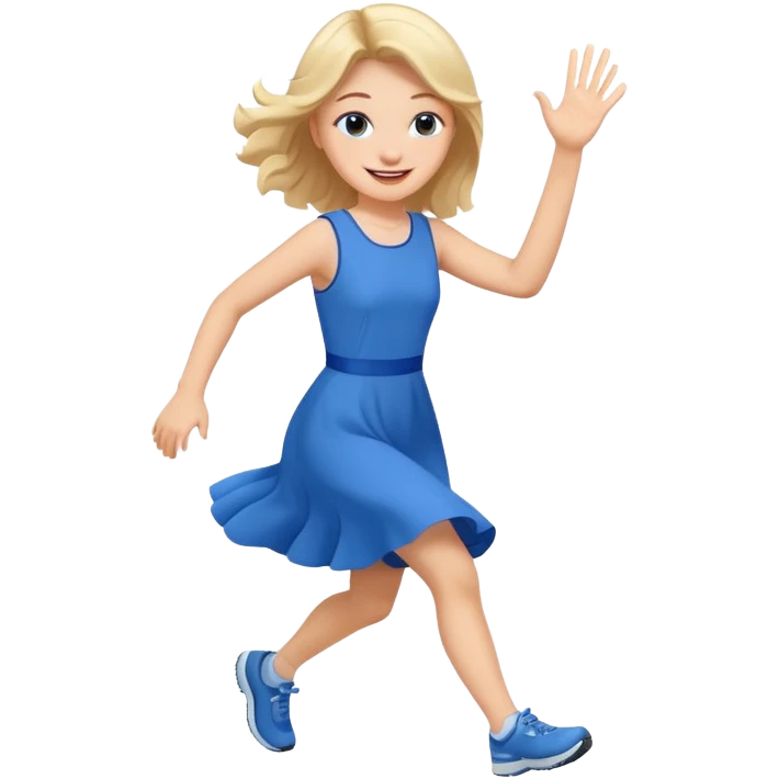 A girl in a blue dress runs and waves hello emoji