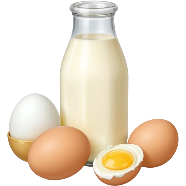 A cluster of dairy items: a milk bottle with an 3 eggs on the left side and birck of butter on the right side emoji
