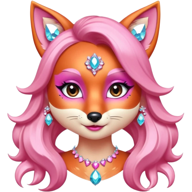 glamorous fox portrait, head and shoulders only, exaggerated pink makeup, bright eyeshadow, long eyelashes, shiny blush cheeks, sparkling face gems, glitter accents, elegant earrings, fantasy beauty style, cute 3D cartoon, mobile game icon style, clean background, no text, no watermark
 emoji