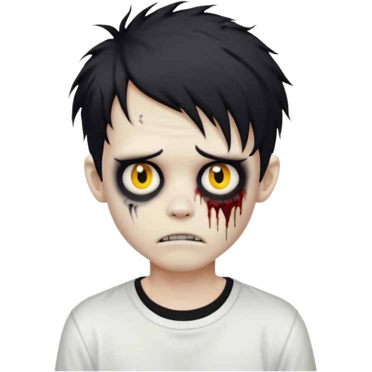 creepy zombie boy, black medium-length messy hair, emo, dark, spooky, white shirt, emoji style emoji