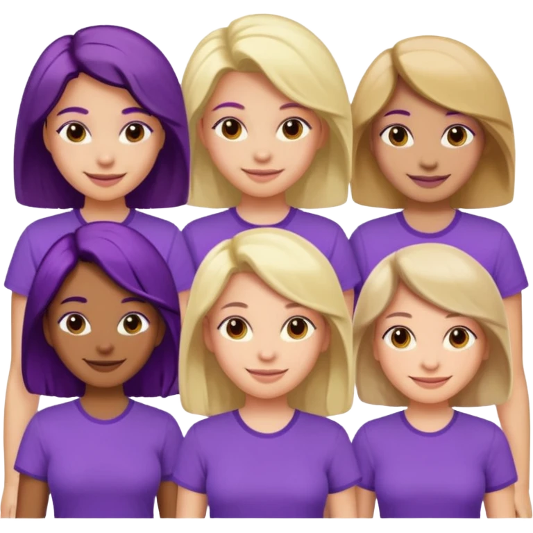 women with various hair types and skin tones, purple shirt, one of each type in a group emoji