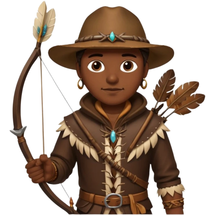 The classic hunter figure carrying a bow and arrow, dressed in brown with decorations made of feathers or bone teeth emoji