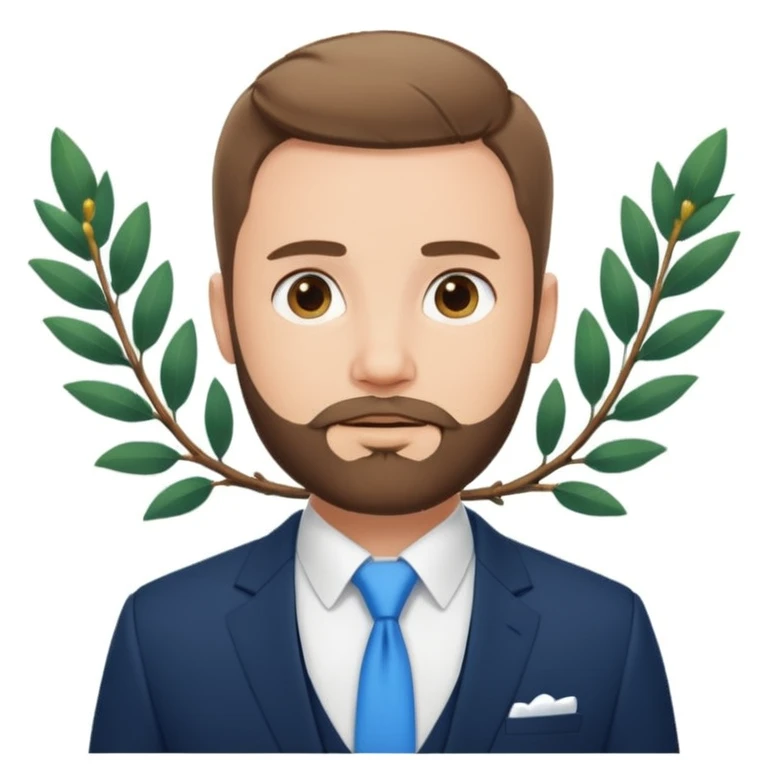 emoji-style portrait of man with short hair and beard, in suit and white shirt, blue background with white laurel branch emoji