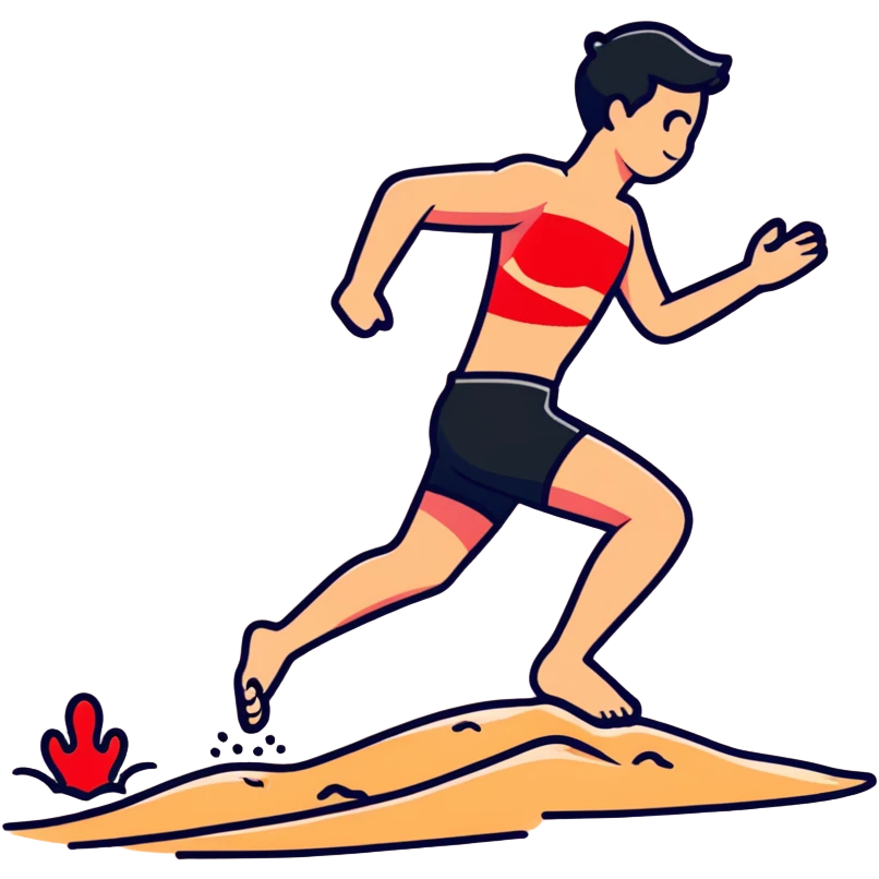 person hopping on hot beach sand with red pain marks on foot and steam rising from the sand emoji