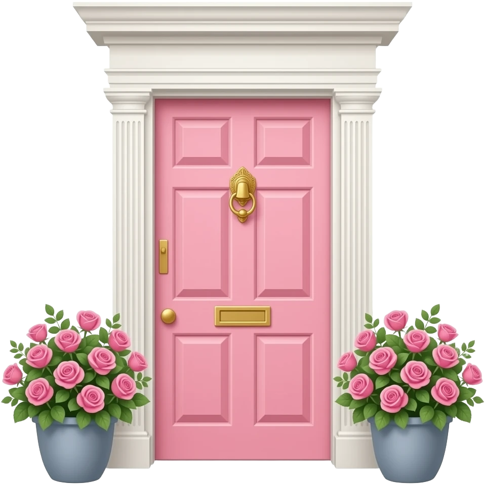 Elegant London townhouse door, isolated, centered, no background, pastel pink front door, gold knocker, flower box details, dreamy upscale London street style emoji