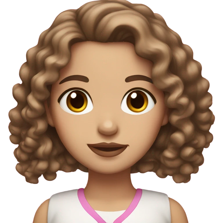 White girl with brown eyes and curly brown hair down to her shoulders with pink lips emoji