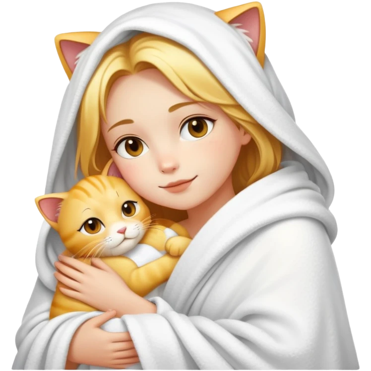 A beautiful girl with fair skin who just took a bath and wrapped in a white blanket hugged a golden cat emoji
