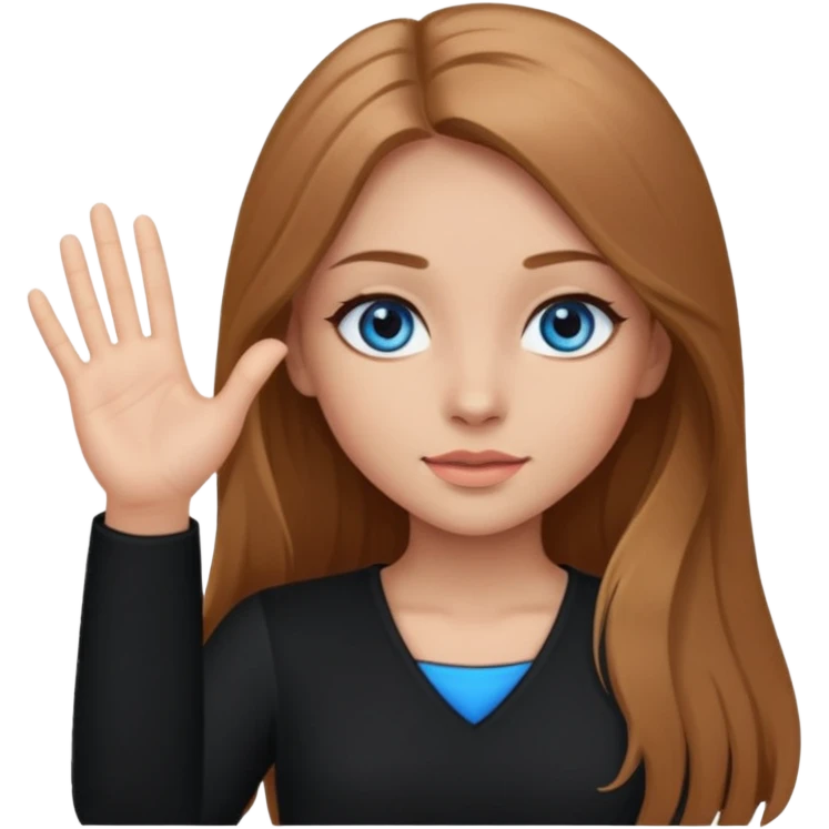 A girl with makeup, long light brown hair, blue eyes, with her palm up. with black clothes emoji
