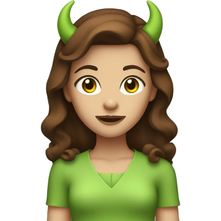  girl with brown hair and green eyes and devil horns emoji