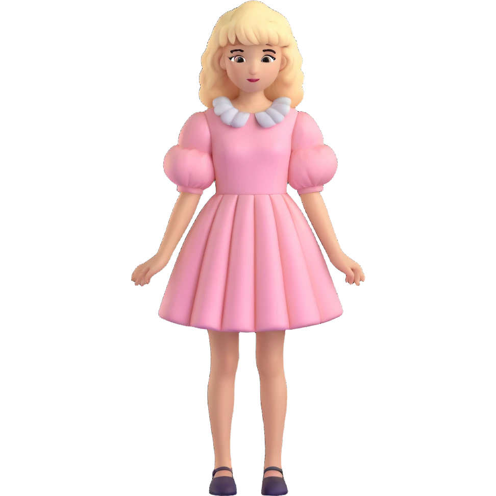 Blonde, pale girl with bangs and curly hair and a pastel pink puff sleeve dress emoji