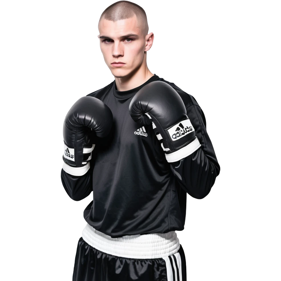 white man with dark hair, dark eyes, buzzcut faded haircut, 100kg boxer, wearing full black clothes, black adidas boxing gloves emoji