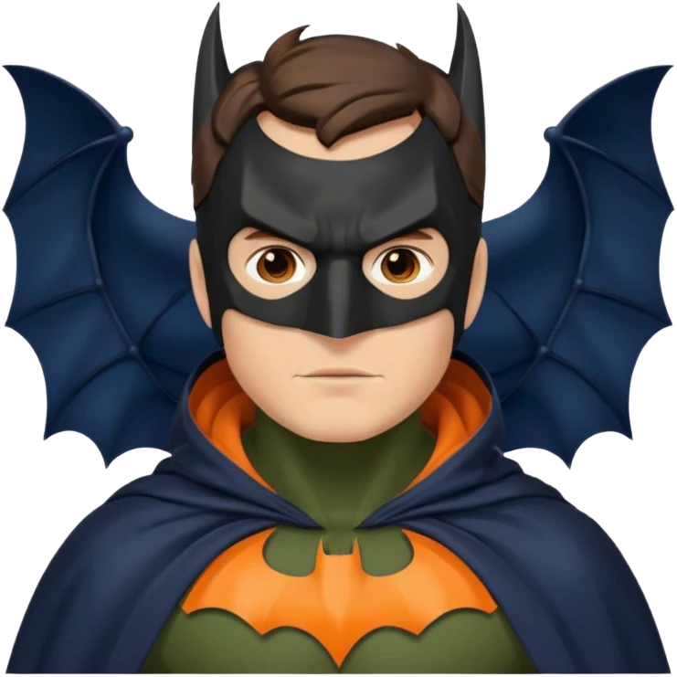 generate a batman emoji with just the face and neck showing and part of the cloak and and wings. Shade the bat logo on the chest in a bright  olive green. Shade the mask in dark navy blue.  Shade the cloak in a solid vibrant orange.  emoji