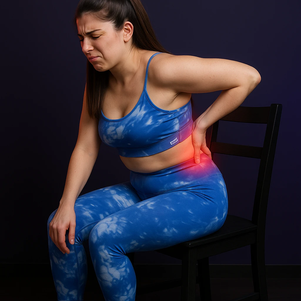 A slender woman in 4K, sitting on a chair, slightly curved back, left hand massaging the lumbar area, contracted face, reddened lumbar area, inspired by the reference photo. emoji