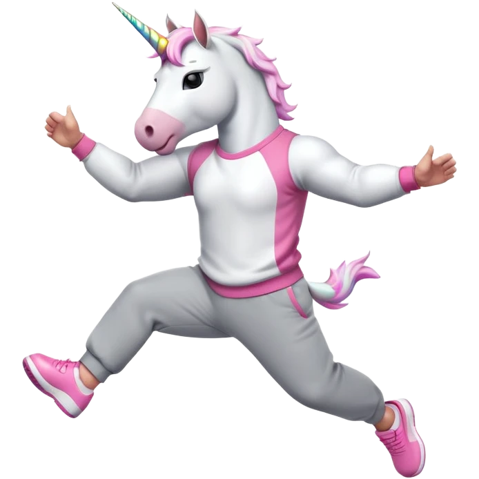 friendly anthropomorphised male white unicorn with a fit, chunky, muscular and strong physique, arms and legs matching the white of the head, wearing grey tracksuit pants and pink jumper, sunglasses, jumping for joy emoji
