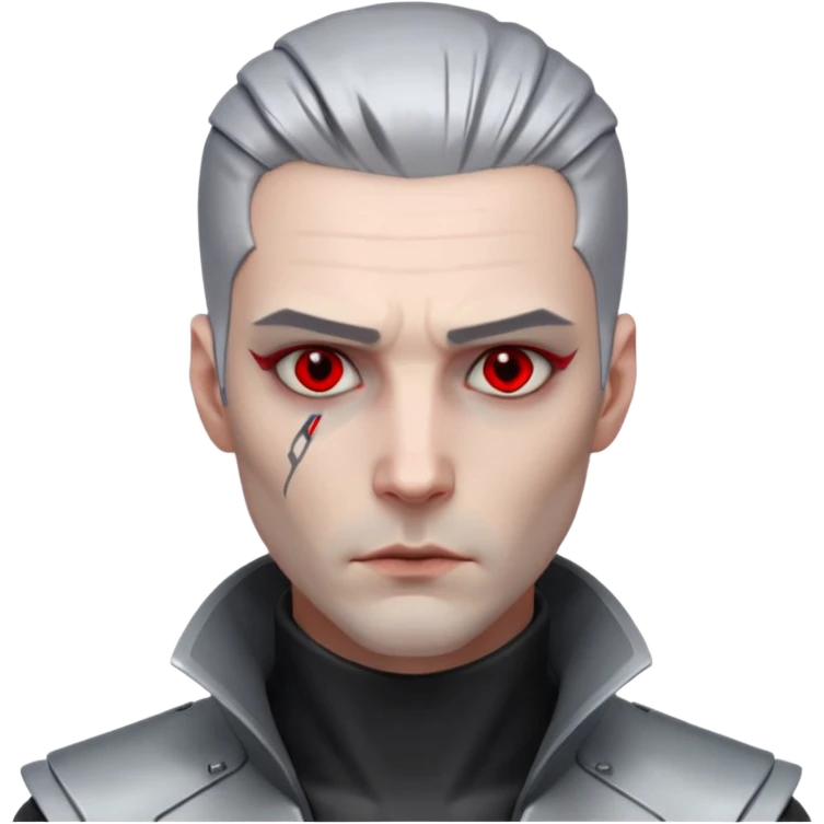 Cyberpunk man, grey slicked hair, silver metal thick  prosthetic jawline, red eyes, cold expression, clinical lighting emoji