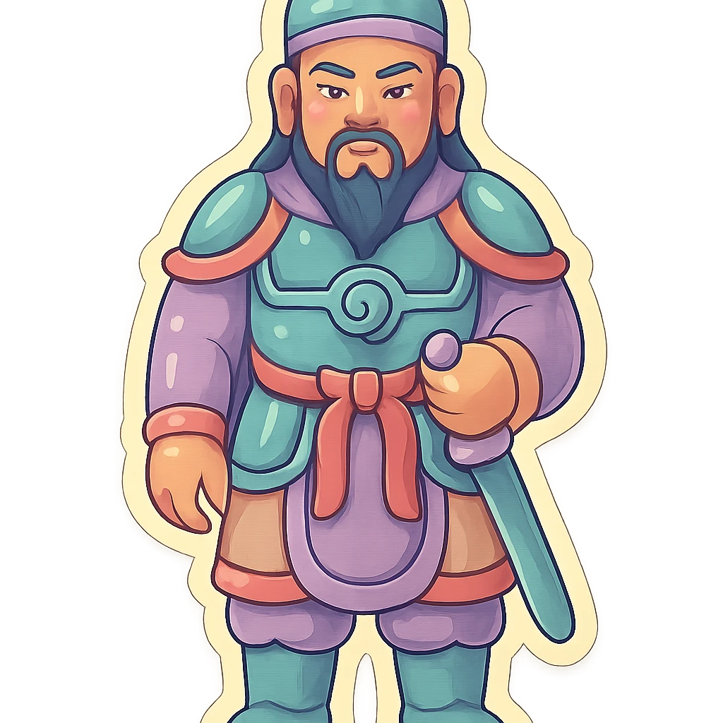 full-length leftmost general from feng shui triad symbols, standing straight facing front like first reference, not squished, retro sticker style, high detail, pronounced shadows and highlights, clean lines, soft rounded shapes, pastel palette #98B5BC, #B5B3C1, #C9A3C9, #E4C0CA, #F7DCD1, #F7C0AA, transparent background emoji