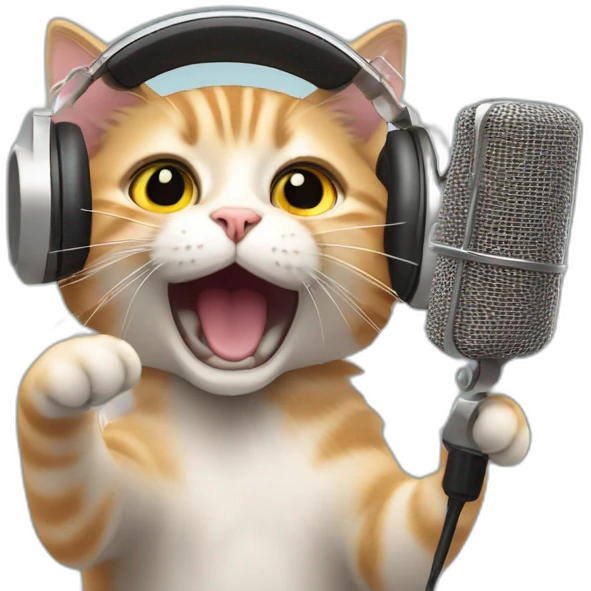 cat wearing headphones shouting and singing in front of microphones, blurred image emoji