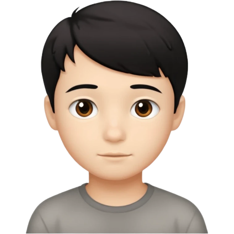 young boy with short, slightly messy black hair, a round face, large brown eyes, and a small neutral smile emoji