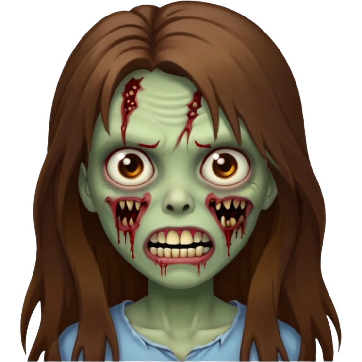 Girl zombie with brown long hair with teeth and serious face IOS 2019 style emoji