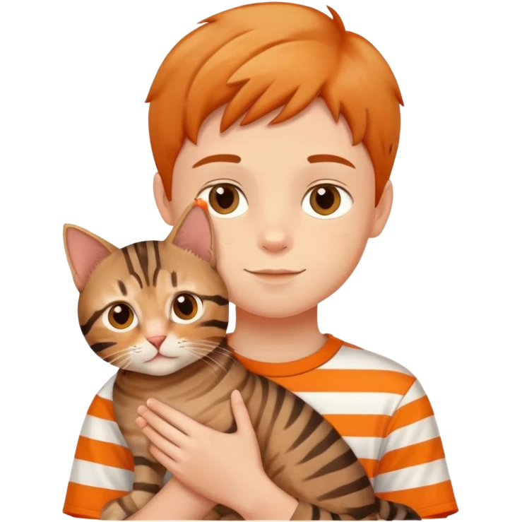 A young boy holding a cute tabby cat with orange and brown stripes emoji