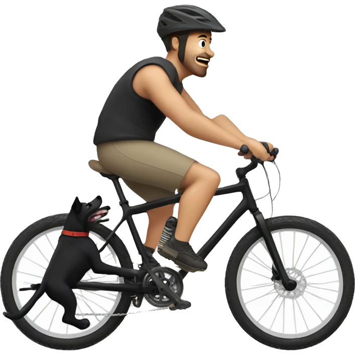 white Man riding mountain bike with black boxer dog running alongside him emoji