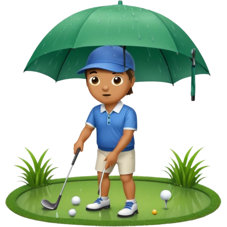 A man playing golf in the rain with wet grass around him and no umbrella  emoji
