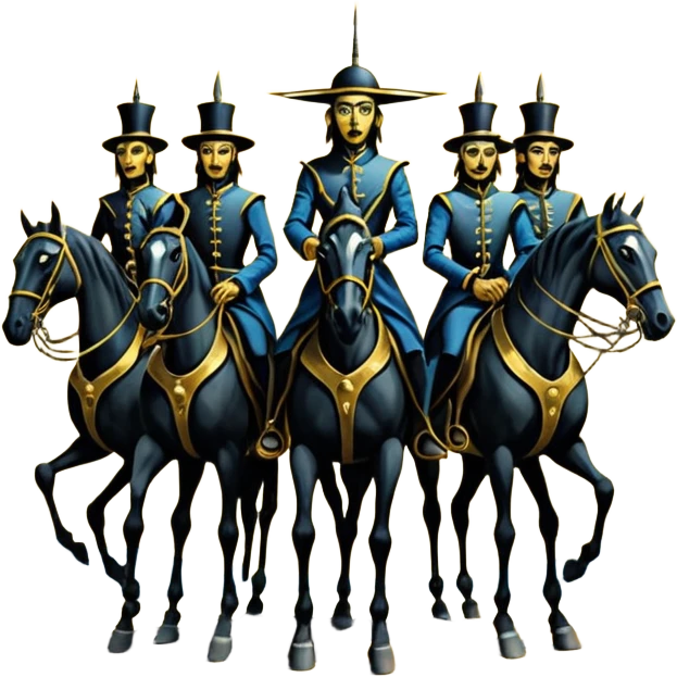 solarpunk ultra HD style, oil - The Four Horsemen of the Apocalypse in the artistic style of Salvador Dali emoji