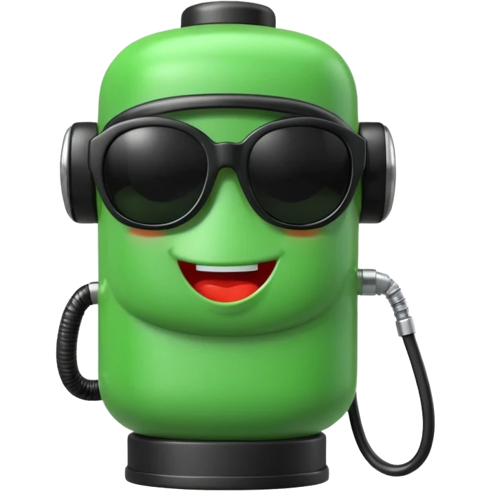 A cute 3D icon of a green gas pump character wearing oversized black sunglasses. Round and chubby proportions, glossy toy-like texture, soft pastel lighting, friendly expression, smooth edges, high-quality render, isolated on a transparent background. emoji