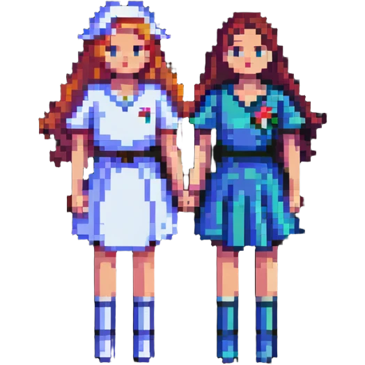 two women standing together, 8-bit style emoji