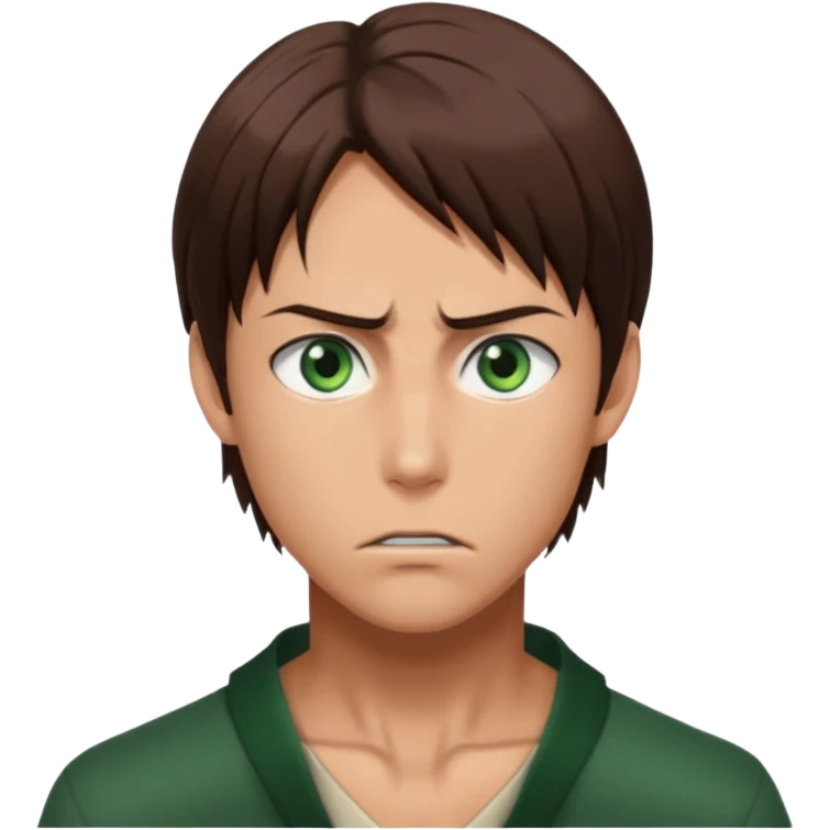 “Make him look like Eren Yeager S3 — long brown hair tied back, strong jawline, sharp green eyes, that cold, intense Eren vibe.” emoji