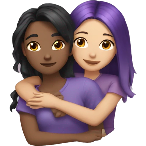 tan girl with black and purple hair hugging light skinned brunette girl emoji