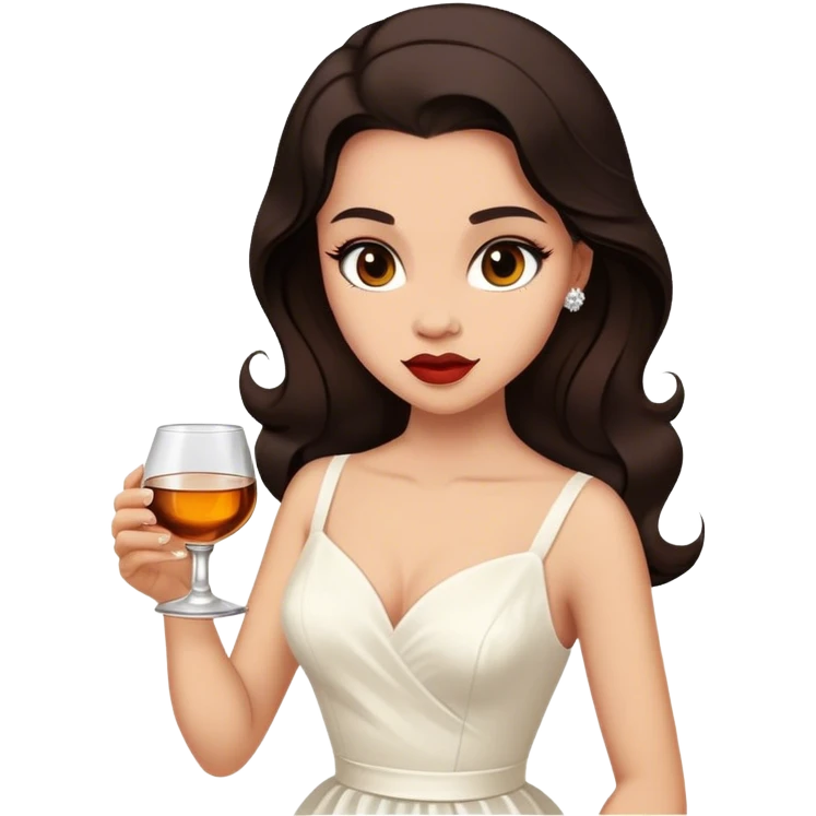 Beautiful woman in 1950’s woman fashion look, white dress, long dark brown hair, whisky with ice emoji