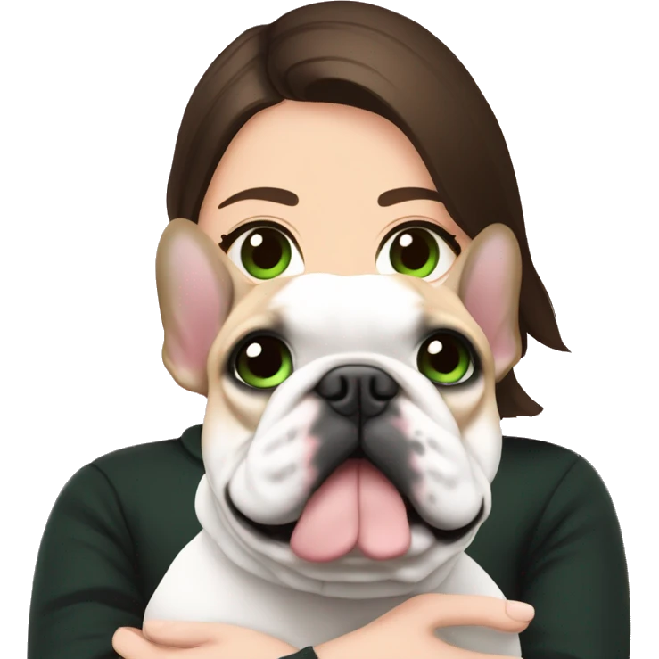Brunette with dark green eyes in black sweater cuddling with her pied french bulldog who has black head with white line between eyes and pink harness emoji