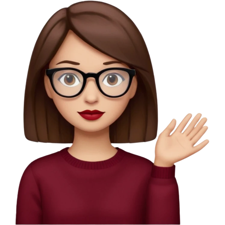 părul carre, șaten, ochii căprui, buzele roșii, ochelarii cu ramă neagră și pulover bordo emoji