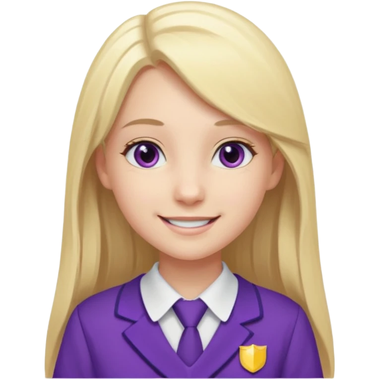 A pale girl with gray eyes and long and blonde straight hair , smiling wearing a purple school uniform  emoji