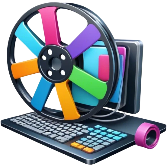 Create a vibrant and modern icon representing Animation and Motion Design, featuring elements like a film reel, a computer screen, and dynamic motion lines. The design should be visually engaging, colorful, and dynamic, without any emojis. The background must be transparent. emoji