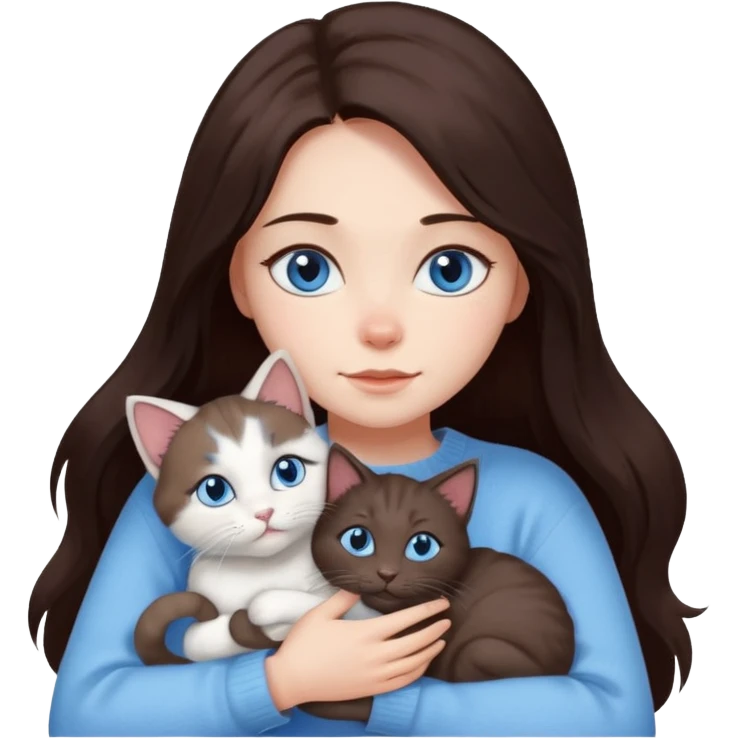 a girl with long dark 
brown hair, with blue eyes, in a
white sweater, hugs 3 different natural coloured cats emoji