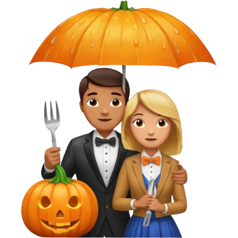 Make a guy hugging a giant pumpkin with a fork in his right hand while there's fire while there's a lady watching while it's raining while there's an umbrella on the ground that's alive and the sun has a bow tie on his neck emoji