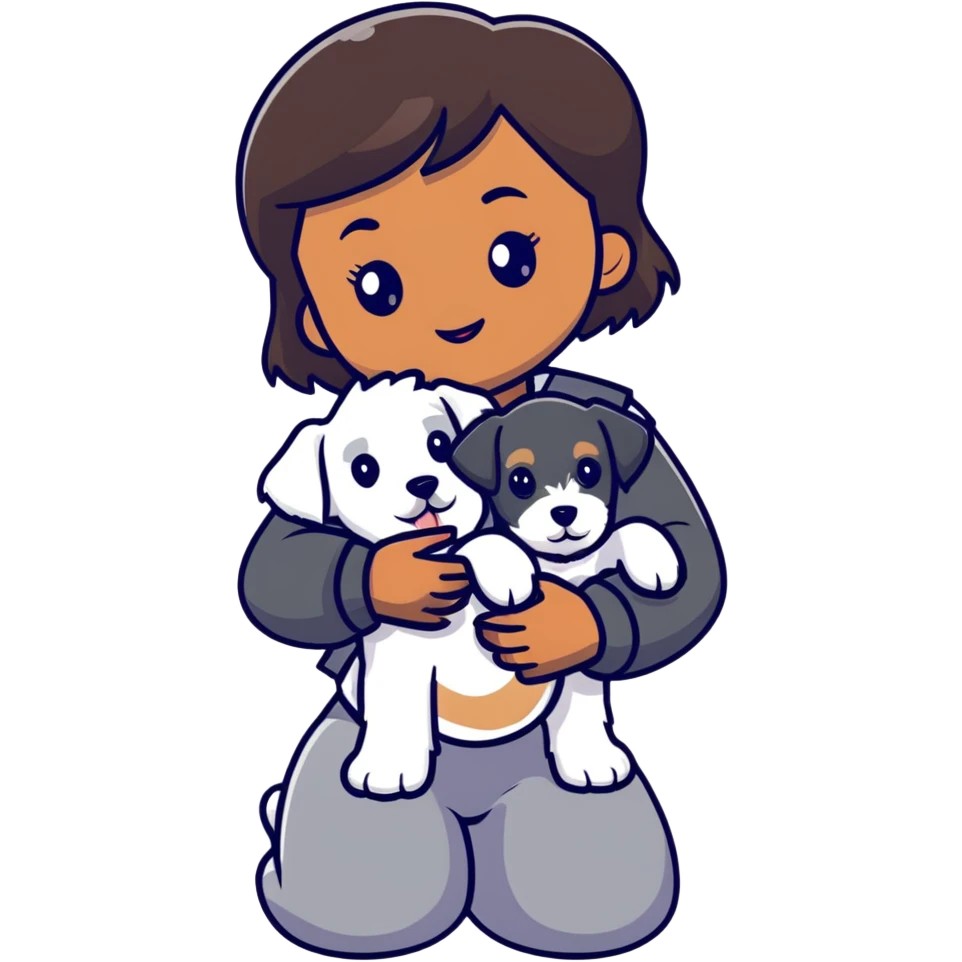 Black girl with short bangs holding a white schnauzer puppy emoji