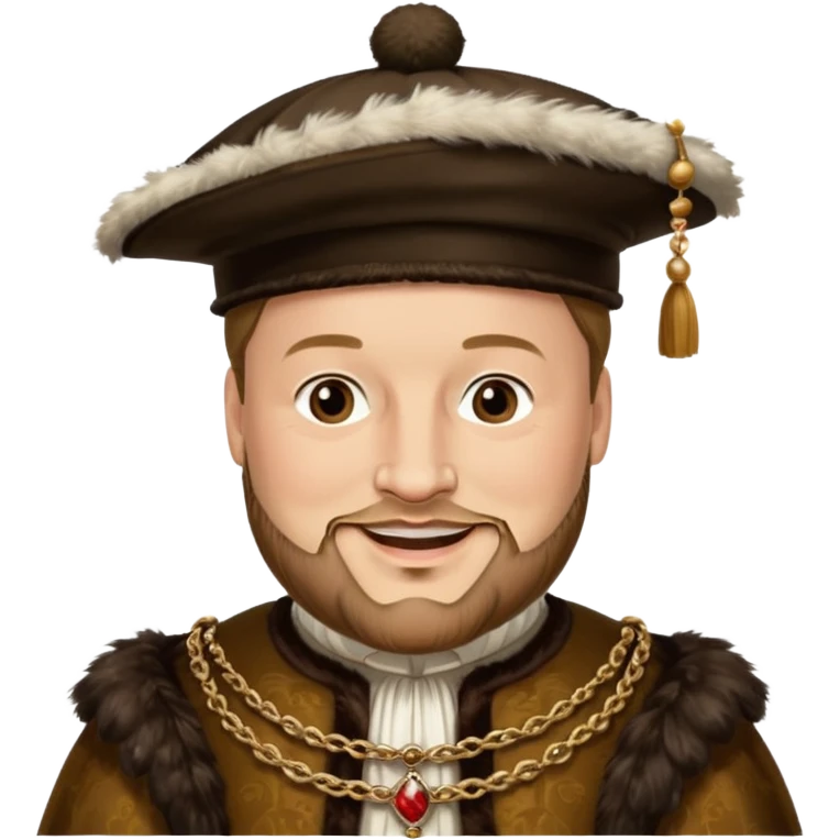 Henry VIII as an emoji, smiling, wearing Tudor attire and feathered cap emoji