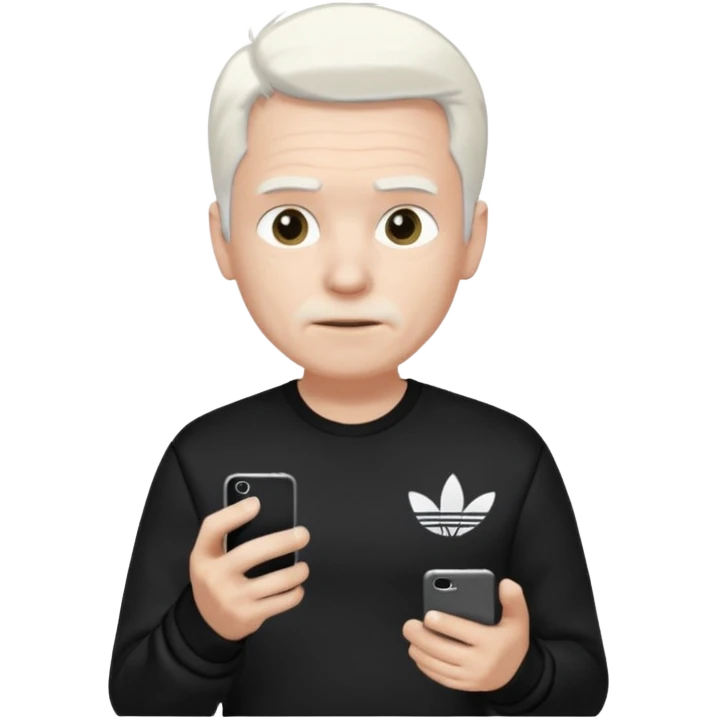 Hombre blanco con cabello blanco ropa negra Adidas y un teléfono en la mano derecha viéndolo emoji