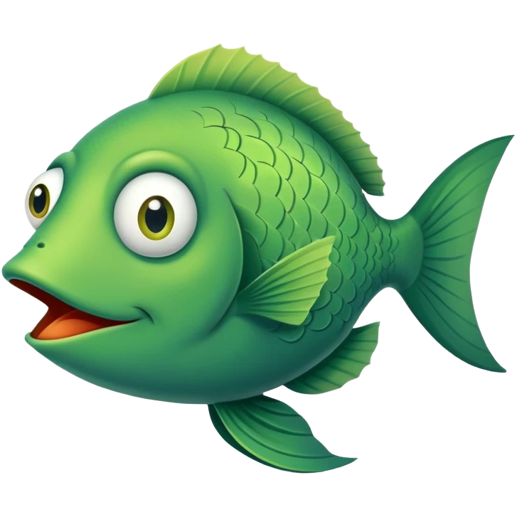 super derpy green fish with droopy eye and goofy overbite, perfect flat side profile facing right, exactly 90 degrees, completely 2D like a paper cutout, only one eye visible, absolute side view emoji