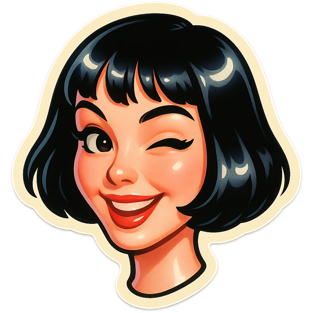 attractive girl with pale skin, black bob haircut, neat facial features, light makeup, playful look, Telegram sticker style, head only without neck, white background emoji