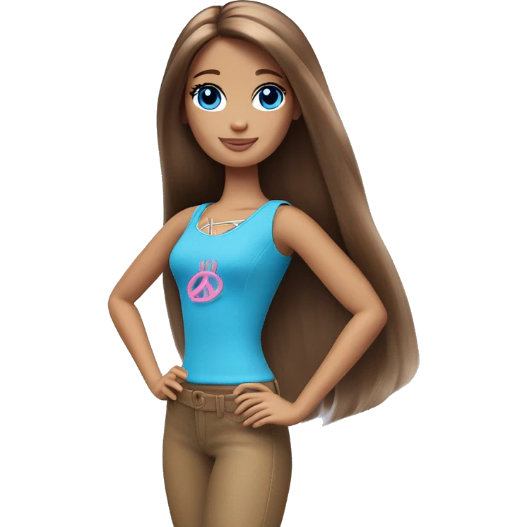 Barbie long brown hair blue eyes posing with her hands in a peace sign emoji