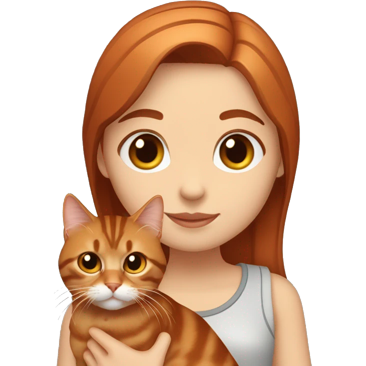 Copper red straight haired girl with dark brown eyes holding a Siberian tabby cat emoji