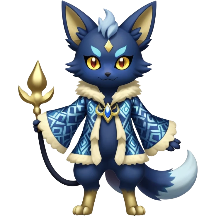 Shiny Exotic Badass Colorful Ethereal Royal Mysterious Gothic Meowstic-Zorua-Litten-Noibat-Pokémon-Fakémon-hybrid-creature (full body) with pattern-markings with golden eyes emoji